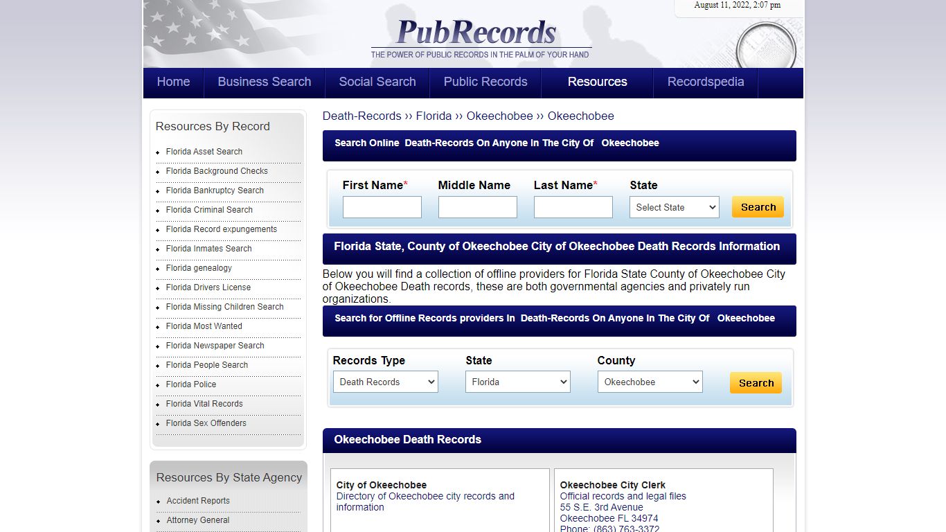 Okeechobee, Okeechobee County, Florida Death Records